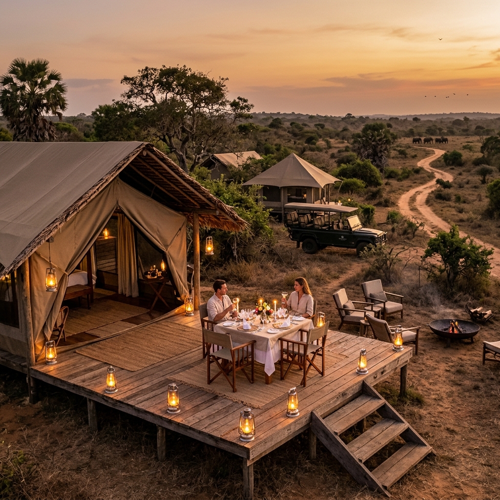 Wild Coast Tented Lodge pod tent at sunset Yala National Park Sri Lanka